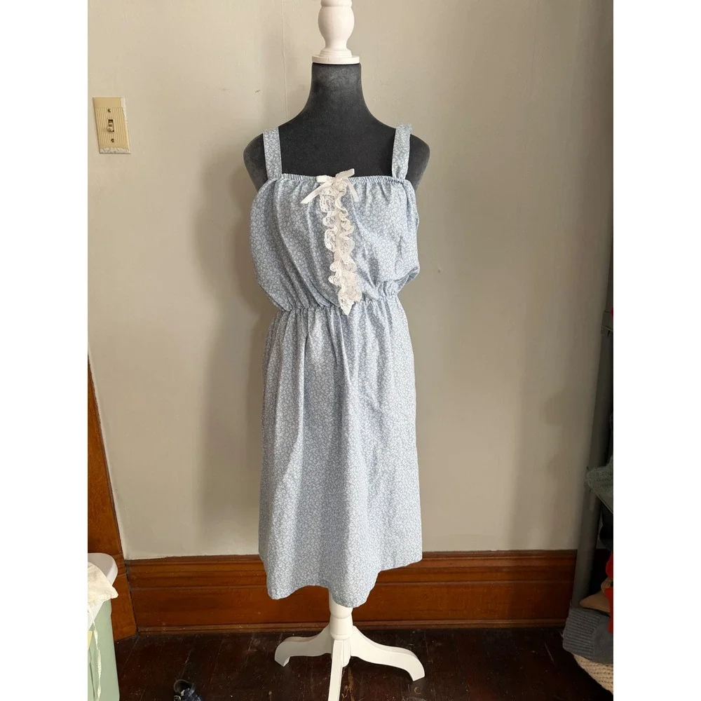 Vintage‎ Blue Floral Cottagecore Midi Dress Lace trim prairie Regencycore medium